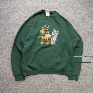 Endless Designs Christmas Crewneck Reindeer And Kitten Size Large Green/Red Vtg